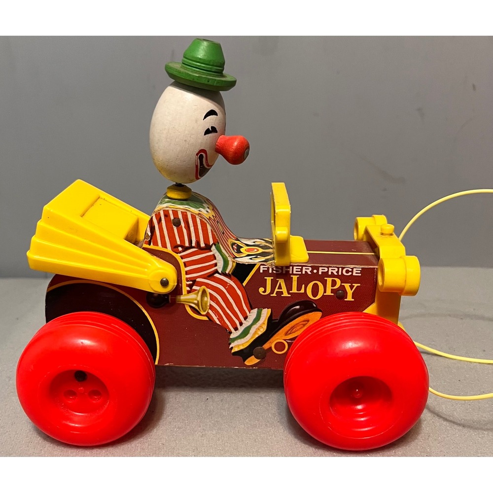 Vintage Fisher-Price Jalopy 724 Pull Toy Clown Bobbing Head Wooden‎ 1960s USA
